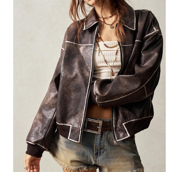 Luxe Brown Vegan Leather Zip up Oversized jacket Coat - Picture 7 of 8